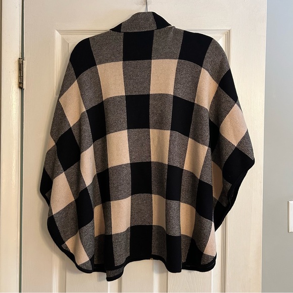 Jones New York cream black check poncho cotton wool blend with zipper size S/M - Picture 2 of 9